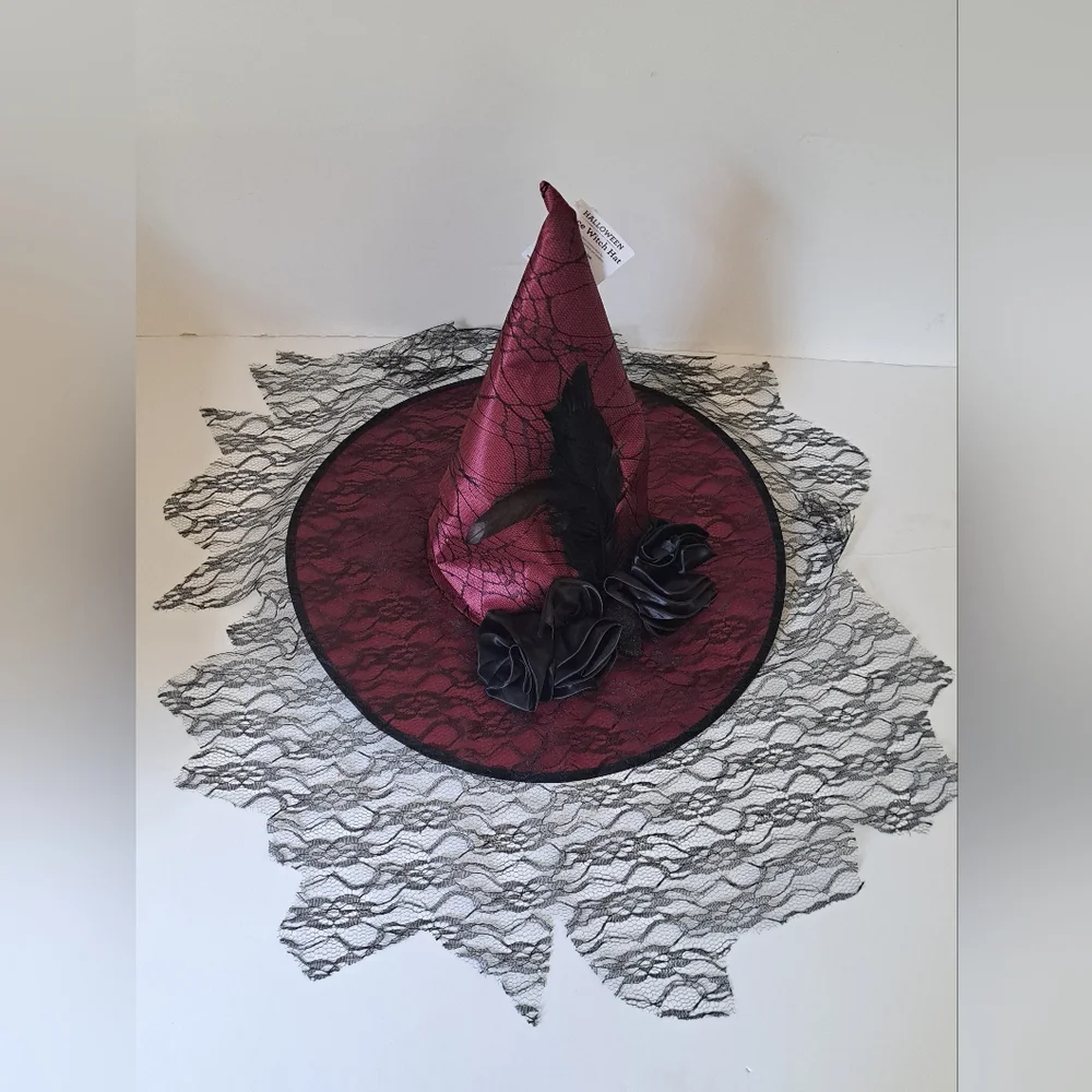 New Witch Hat Wide Brim Feathers Skull Veil Cap One Size Costume Burgundy Black